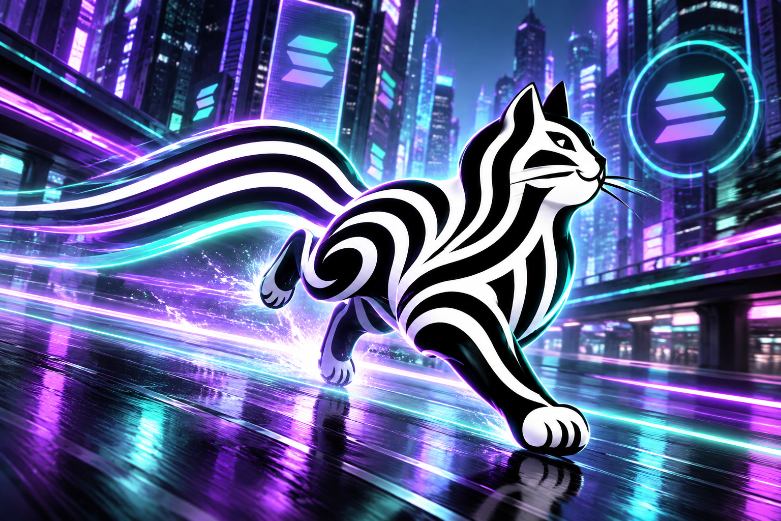 Debt Cat sprinting through a neon city at night