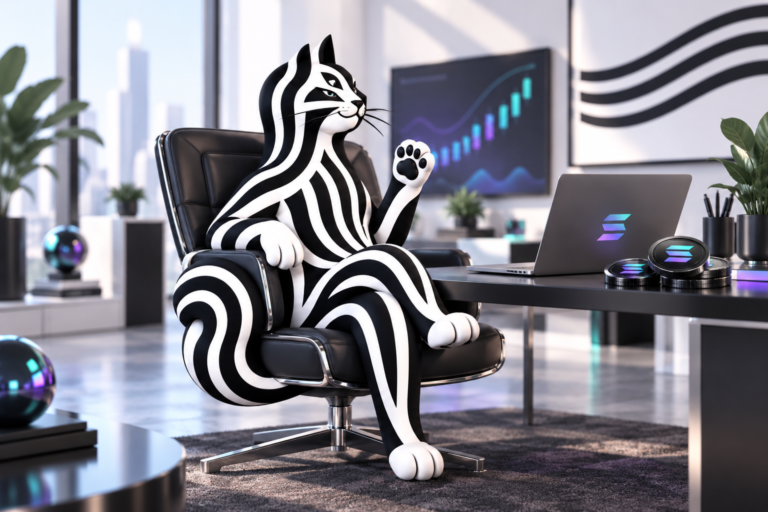 Debt Cat lounging in a corner office