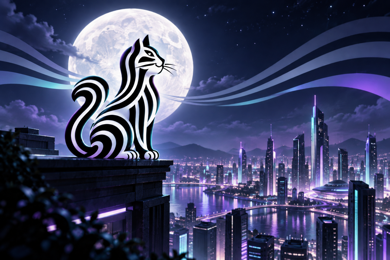 Debt Cat watching a moonlit city skyline