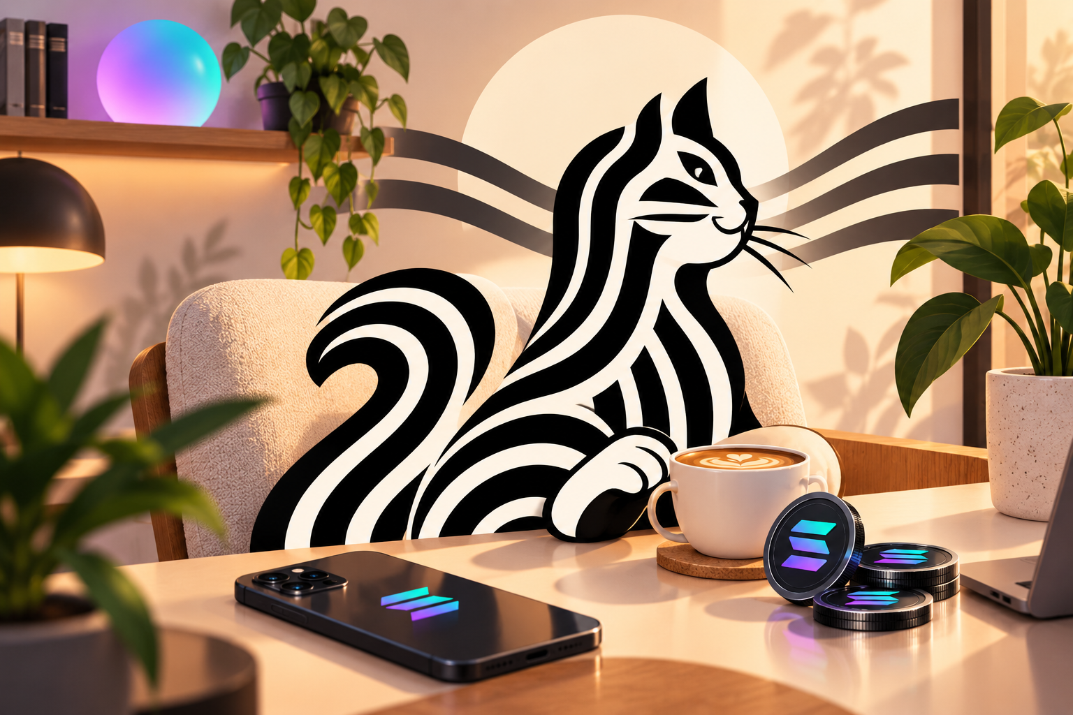 Debt Cat resting beside coffee and coins